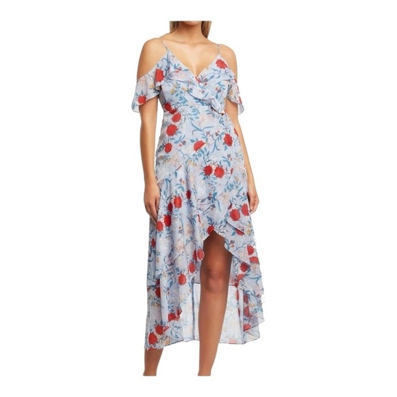 NWT Bardot x Revolve Blue Floral Cold Shoulder Ruffle Hi Low Midi Dress XS - Picture 7 of 16